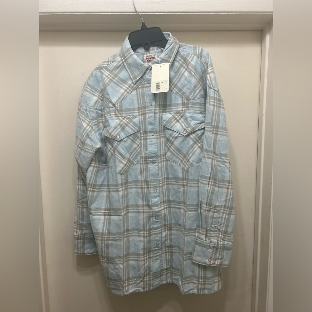 Levis Western Pearl Snap Shirt Mens M Blue Plaid Flannel Grunge Cowboy NEW NWT
